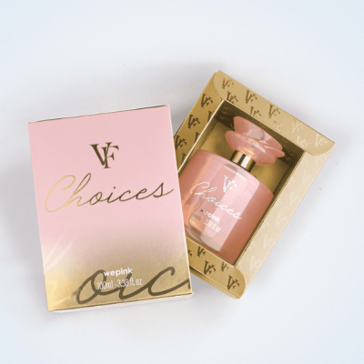 Frasco rosa de perfume VF Choices com caixa rosa e dourada