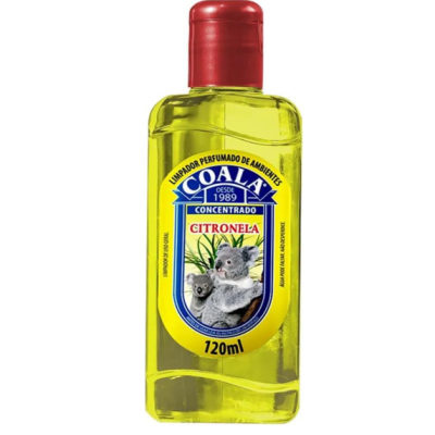 Frasco amarelo translúcido COALA Citronela 120ml com tampa vermelha e imagem de coalas