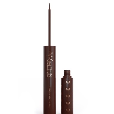 Eyeliner líquido marrom com tampa destacada, texto dourado na embalagem