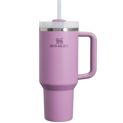 Copo térmico rosa com pega e palhinha branca da STANLEY