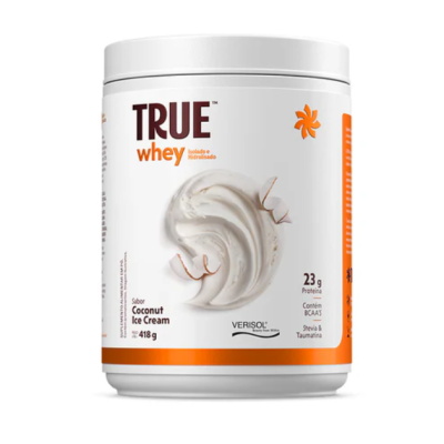Frasco branco de suplemento TRUE whey sabor Coconut Ice Cream com texto e imagem de creme e coco