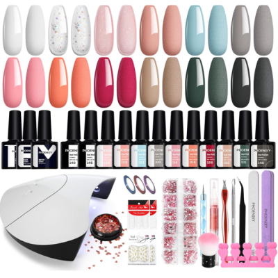 Conjunto de vernizes de unhas coloridos, lâmpada UV e acessórios para manicure