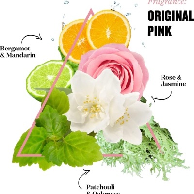 Fragrância ORIGINAL PINK com bergamota, mandarina, rosa, jasmim, patchouli e musgo de carvalho