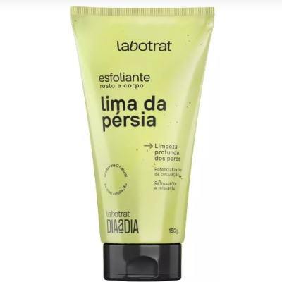 Embalagem amarela com tampa preta do esfoliante Labotrat lima da pérsia 150g