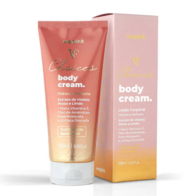 Creme corporal Wepink em tubo rosa com caixa rosa claro e dourada