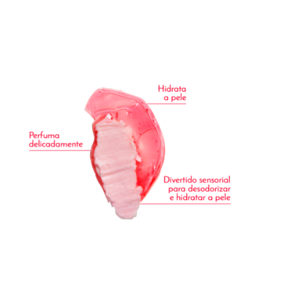Amostra de gel/loção rosa e vermelho com texto descritivo em português numa imagem de fundo branco