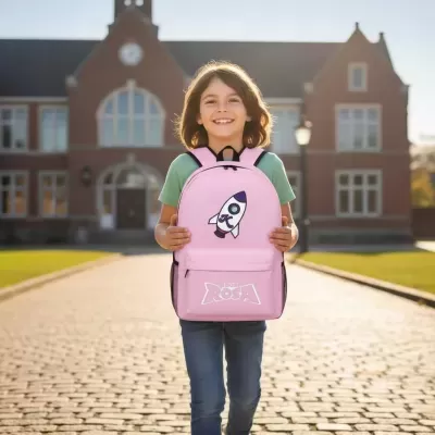 Mochila escolar cor-de-rosa com desenho de foguetão e texto DODI ROSA