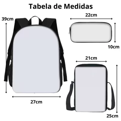 Mochila, bolsa pequena e bolsa tiracolo com medidas em centímetros