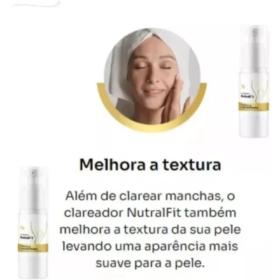 Anúncio do clareador NutralFit com embalagem branca e amarela e mulher a aplicar no rosto
