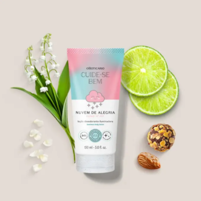 Creme hidratante 'Nuvem de Alegria' da O Boticário com flores, lima, bolacha e noz