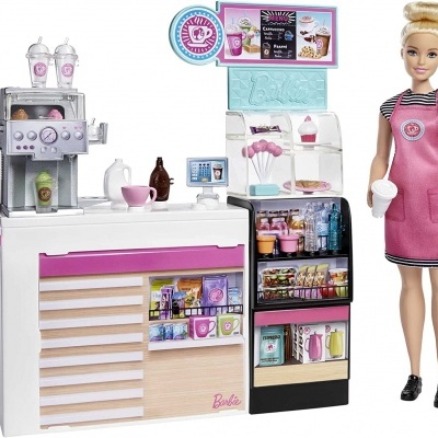 Boneca Barbie com balcão de café e acessórios de cafeteria