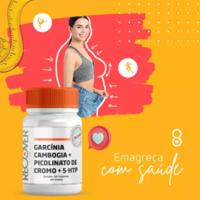 Frasco de suplemento RECOVER e mulher sorridente com top cinza em fundo amarelo e vermelho com texto Emagreça com saúde.