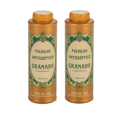 Dois frascos laranja de Polvilho Antisséptico Granado com rótulos verdes e brancos