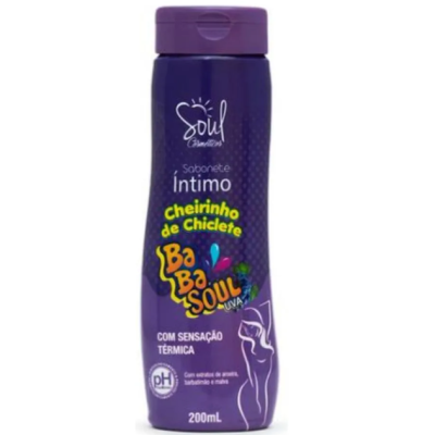 Frasco roxo de sabonete íntimo Ba Ba Soul com tampa roxa