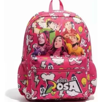 Mochila rosa com padrão de personagens de desenho e texto DOS ROSA