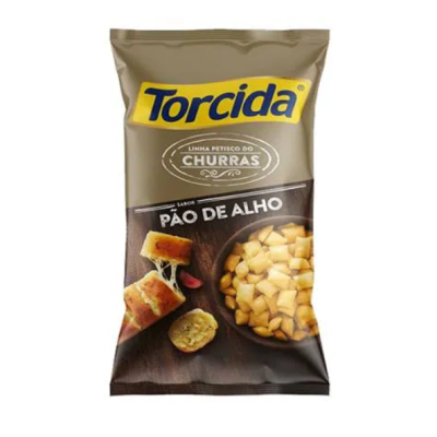 Pacote de snacks Torcida sabor pão de alho em embalagem castanha e amarela