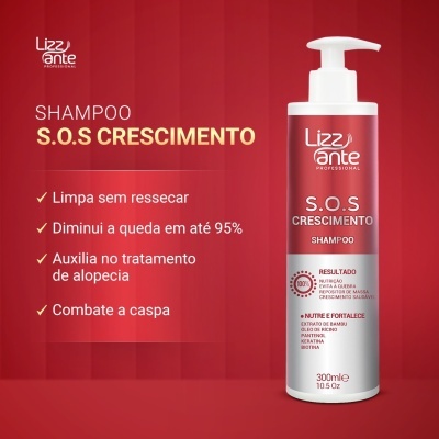 Frasco de shampoo Lizzante S.O.S Crescimento vermelho e branco com texto explicativo em fundo vermelho