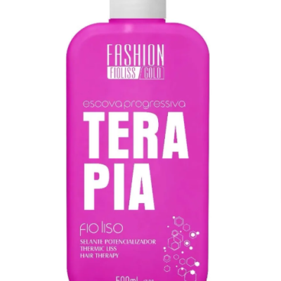 Frasco rosa com tampa branca e texto branco de produto cosmético Terapia para cabelo.