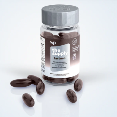 Frasco de cápsulas marrons com rótulo branco e cinzento em fundo branco