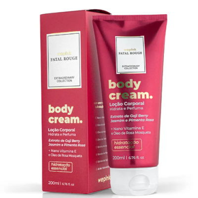 Creme corporal Fatal Rouge em tubo rosa escuro com caixa correspondente