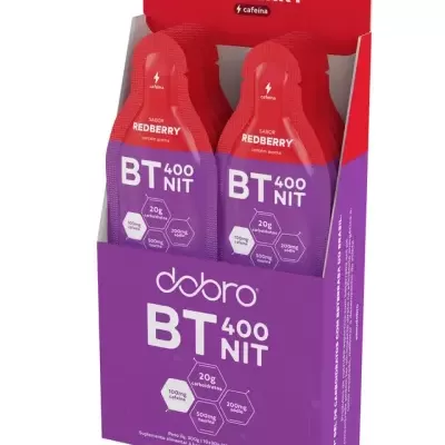 Embalagem e sachês do suplemento alimentar Dobro BT 400 Nit sabor Redberry em gel