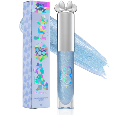 Gloss labial azul brilhante Disney 100 com embalagem azul e padrão de Mickey Mouse