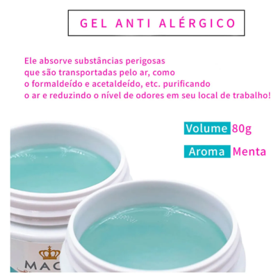 Dois frascos abertos de gel anti alérgico azul com rótulos em português e descrição de propriedades.