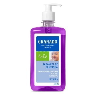 Sabonete líquido roxo Granado para bebé com tampa branca e rótulo azul e verde