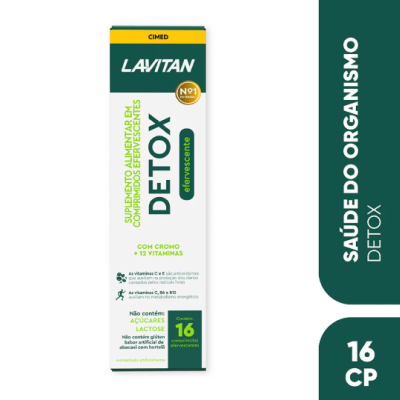 Embalagem de suplemento detox efervescente Lavitan Cimed com 16 comprimidos