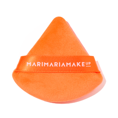 Esponja de maquilhagem triangular laranja com fita e texto MARIMARIAMAKEUP