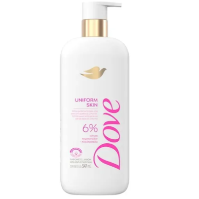 Frasco branco com bomba dosadora dourada e branca com sabonete líquido Dove Uniform Skin