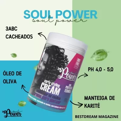 Creme modelador para cabelos cacheados Soul Power em embalagem branca com rótulo roxo e azul com imagem de mulher com cabelo cacheado