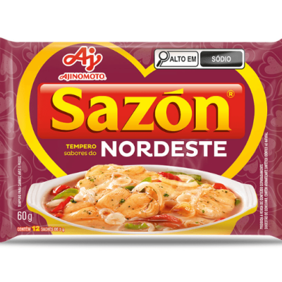 Pacote de tempero Sazón Nordeste 60g com imagem de camarão e indicação de alto em sódio