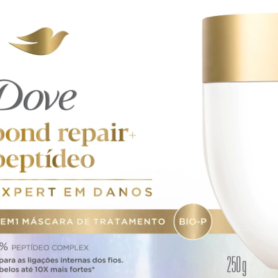 Embalagem branca e dourada de máscara de tratamento Dove bond repair+ peptídeo
