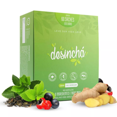 Caixa verde de chá com folhas, bagas e gengibre