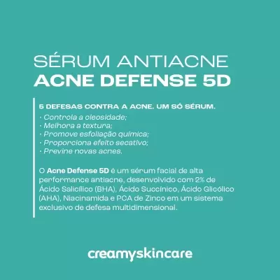 Texto em fundo azul-turquesa descrevendo sérum antiacne Acne Defense 5D da creamyskincare