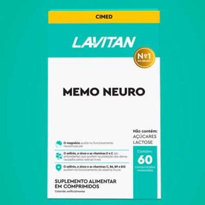 Embalagem de suplemento alimentar MEMO NEURO LAVITAN com 60 comprimidos
