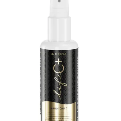 Spray cosmético branco com rótulo preto e dourado NANO TÓNICO Tulipia