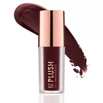 Batom e blush líquido vinho escuro BT PLUSH em embalagem elegante com tampa rosa dourada