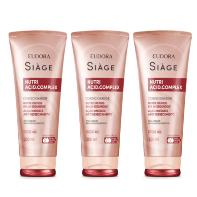 Três frascos rosa de condicionador Eudora Siàge Nutri Acid Complex 200 ml com tampa vermelha e texto em vermelho e preto