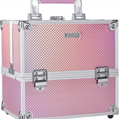 Maleta rosa metálica texturizada com alça e trancas prateadas