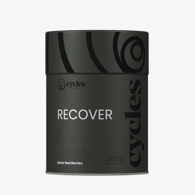 Recipiente preto fosco para suplemento alimentar RECOVER da Cycles Nutrition com tampa preta decorada