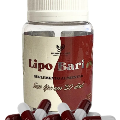 Frasco plástico com cápsulas bicolores castanho e branco e rótulo Lipo Bari