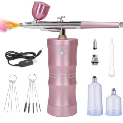 Conjunto de aerógrafo rosa metálico com compressor e acessórios