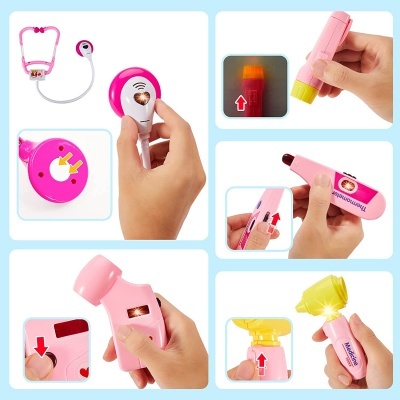 Brinquedos médicos infantis rosa e branco com partes móveis e setas vermelhas