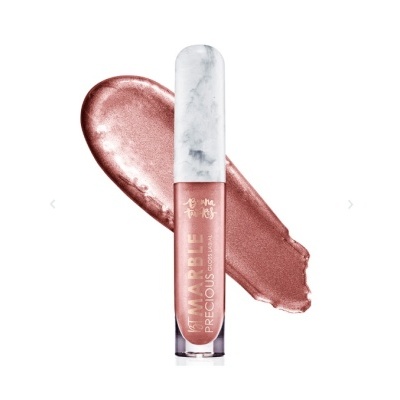 Batom líquido rosa cintilante com embalagem branca marmoreada