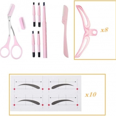 Kit de ferramentas para sobrancelhas cor-de-rosa com moldes e modelos