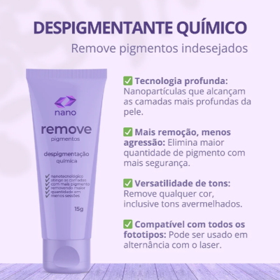 Tubo roxo de despigmentante químico nano remove pigmentos sobre mesa de madeira