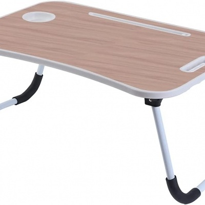 Mesa portátil de madeira clara com pernas brancas e apoios pretos