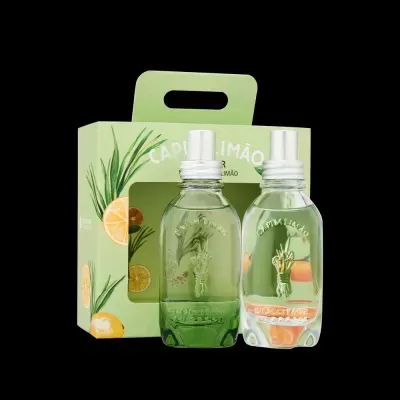 Conjunto de dois frascos de perfume com embalagem verde clara e decorada com limões